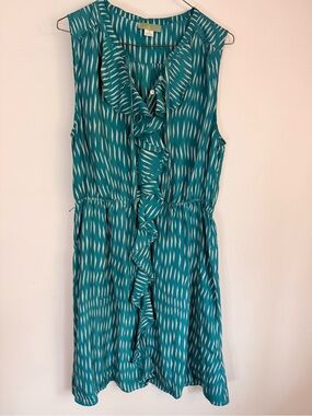 Anthropologie Teal and White Ruffle Front Sleeveless Dress
